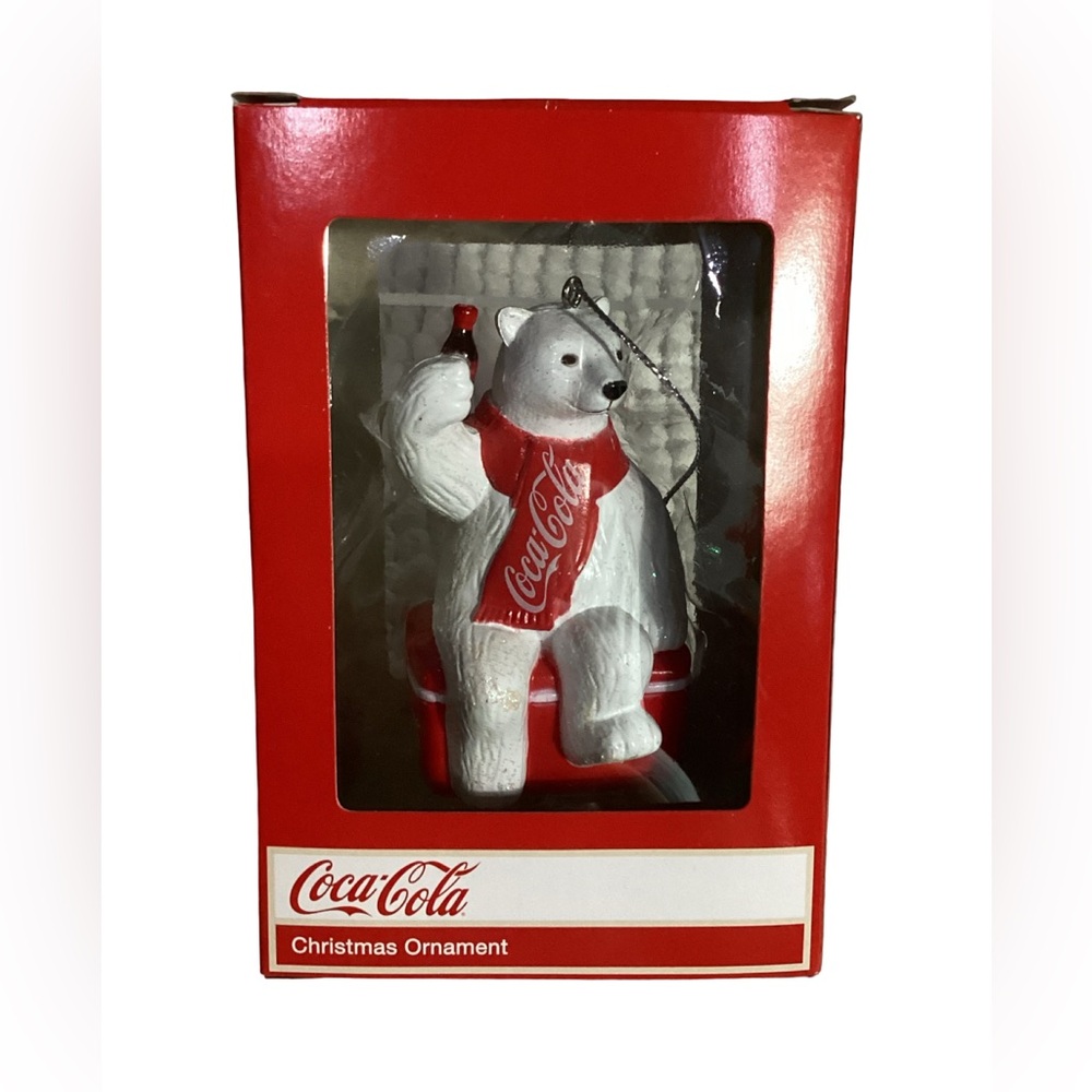 Vintage 2013 Coca Cola White Polar Bear w/ Scarf & Pop Bottle Christmas Ornament